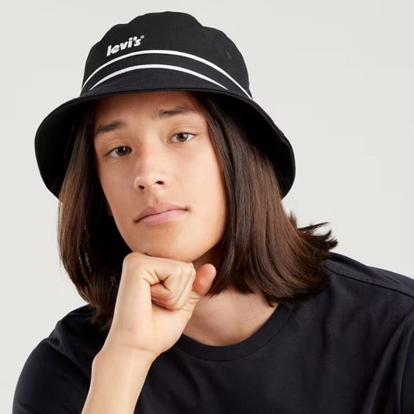 Levi’s Unisex Poster Logo Cotton Black Bucket Hat With White Stripes Size M - Picture 5 of 7